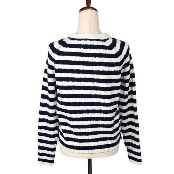 J. Crew Crewneck Pullover Sweater Cable Knit Side Buttons Blue White Size Small - Picture 3 of 11